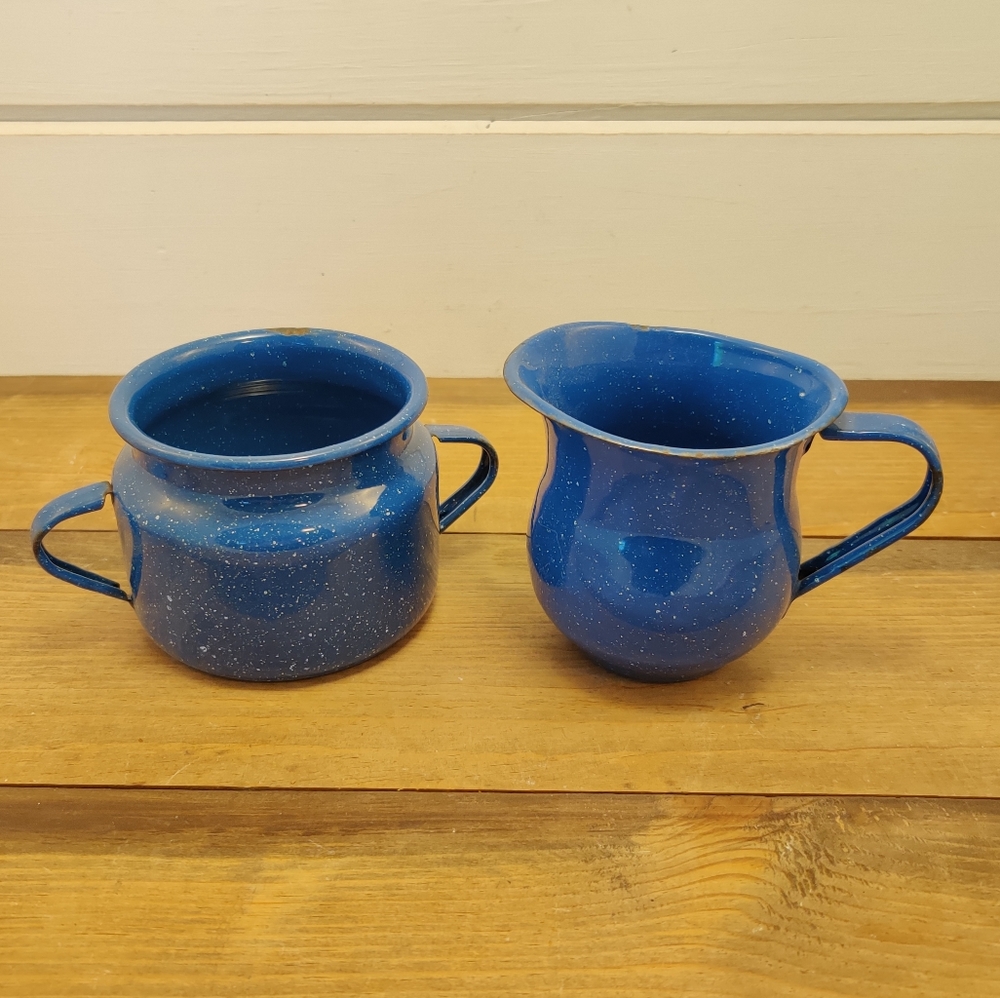 Vintage Blue Enamel Ware Camp Style Cream and Sugar Set